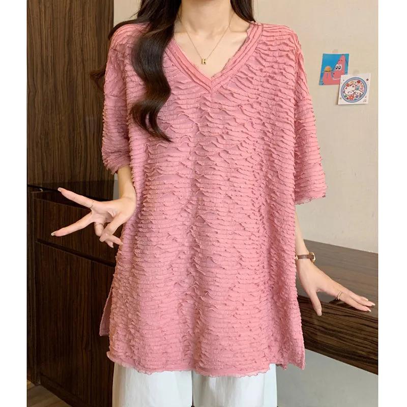 

Жіноча рожева повсякденна туніка-блузка з V-подібним вирізом, коротким рукавом, фактурна, вільного крою L рожевий