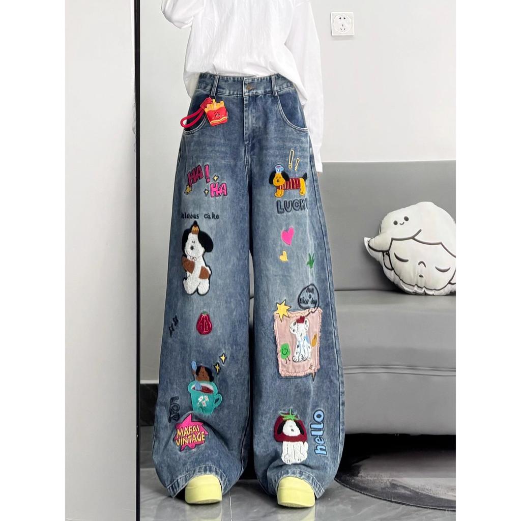 Retro Cartoon Floing Embroidery Jeans Women Waed Loose Wide Leg Pants Casual Loose Fit