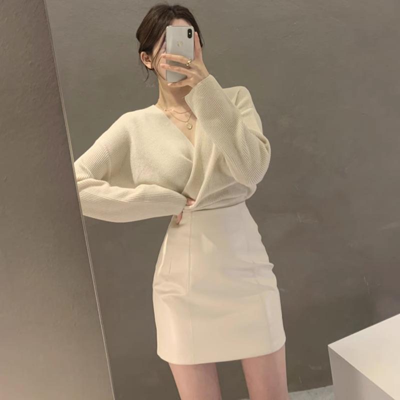 Women's Brown High-Waisted PU Leather Pencil Mini Skirt - Hip-Hugging, Slimming, Sexy, and Perfect for Autumn/Winter 2024