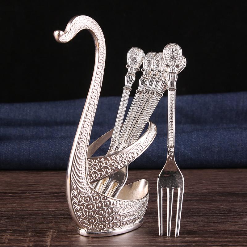 Light luxury fruit fork dessert fruit stick pure copper swan base creative high-end tableware dim sum coffee spoon set