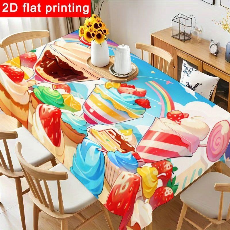 1pc Colorful Dessert Wonderland Tablecloth - Whimsical Polyester Table Cover with Cupcake And Fruit Design, Reusable & Easy to Clean for Birthday Part