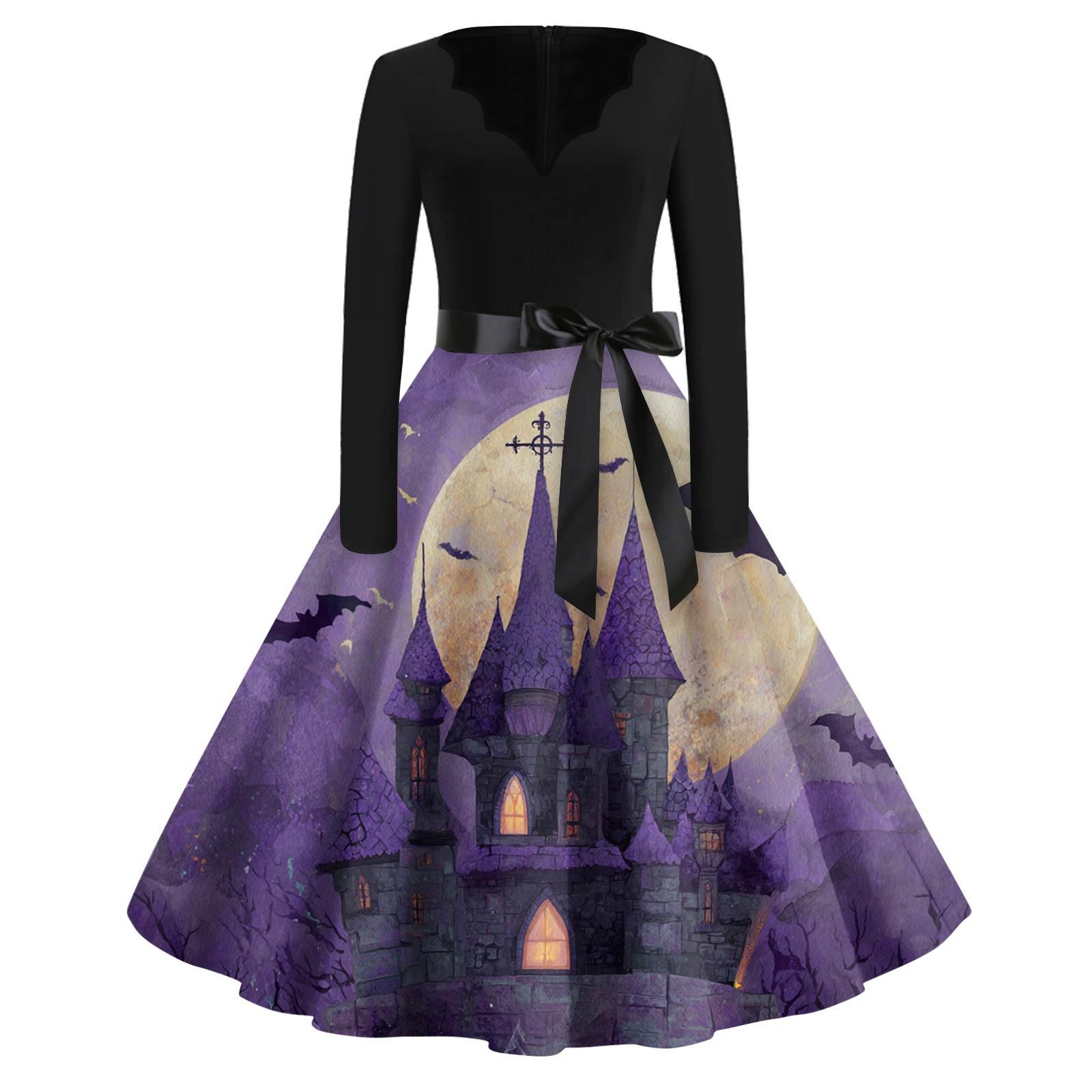 

Женская мода с v-образным вырезом, повседневные тонкие платья с длинными рукавами и принтом на Хэллоуин L фиолетовый