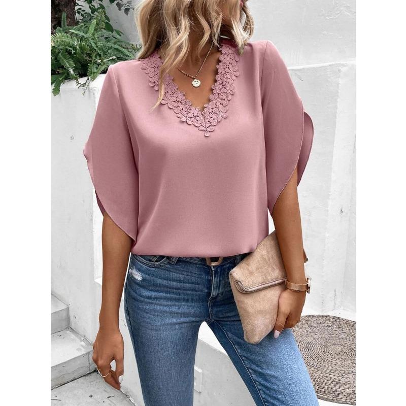 Women's Fashion Casual Summer Spring Solid Color Print 1/2 Sleeves V-Neck Blouses & Shirts
