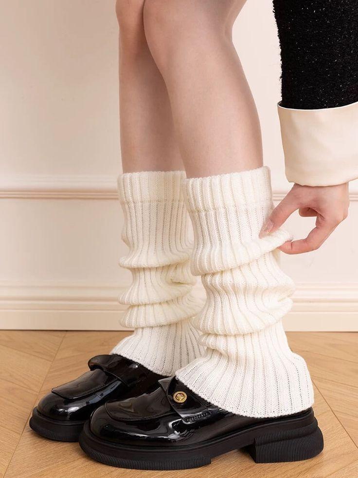 Acrylic Slouch Knitted Solid Khaki White Black Grey Breathable Keep Warm Leg Warmer Boot Socks for Women