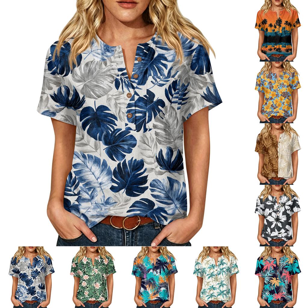 Damen Kurzarm Henley-Hemd mit Brusttasche Leichte Baumwoll-Leinen-Mischung Tropischer Print Lässiges Sommeroberteil
