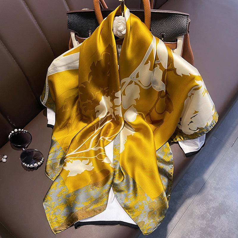 2024 Spring and Summer New Flower Simulation Silk Satin Silk Scarf 90cm Curled Square Scarf Sunscreen Shawl 90*90cm