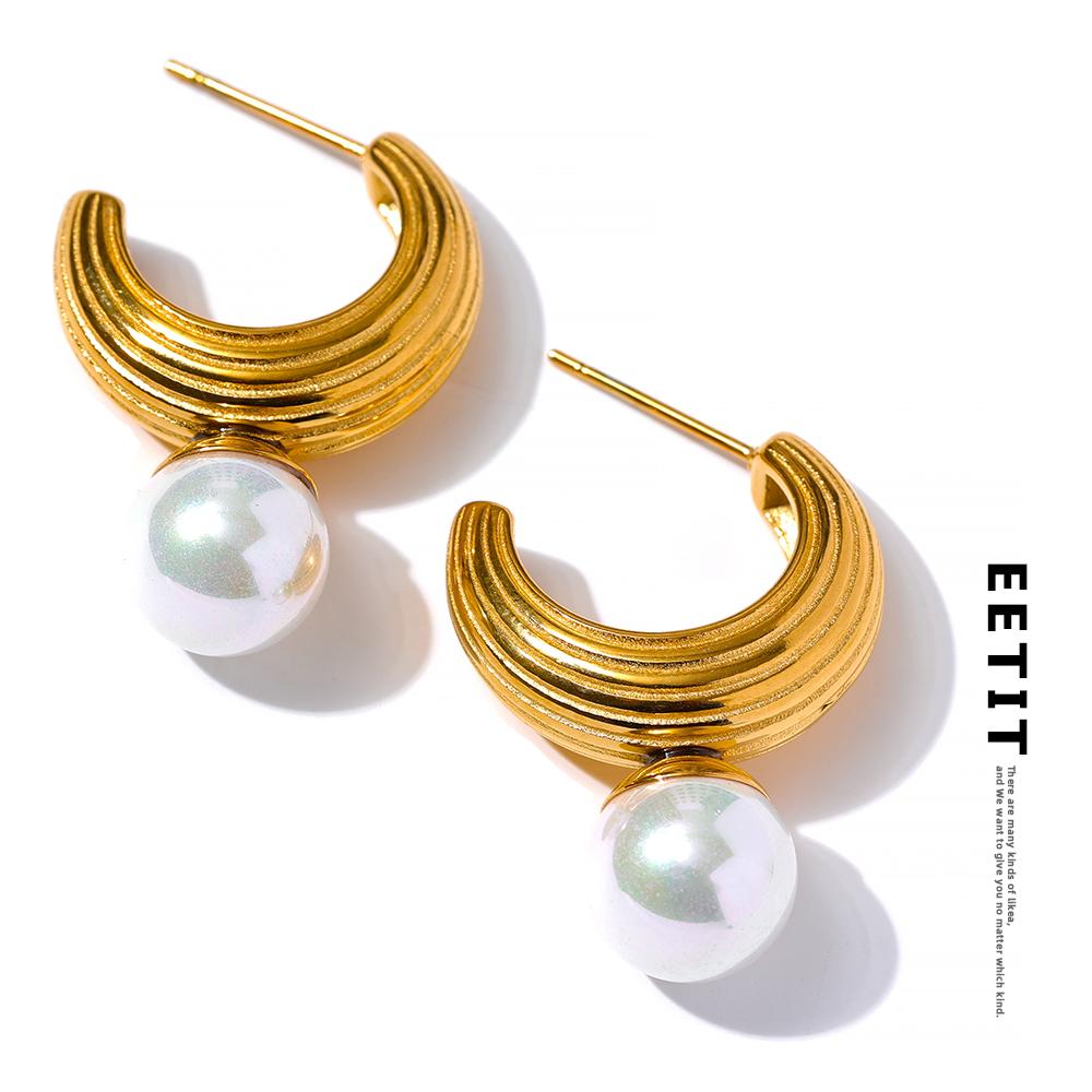 

Eetit серьги-кольца из нержавеющей стали золотого цвета с имитацией жемчуга, очаровательные геометрические серьги, модные текстурированные водонепроницаемые новые ювелирные изделия для женщин