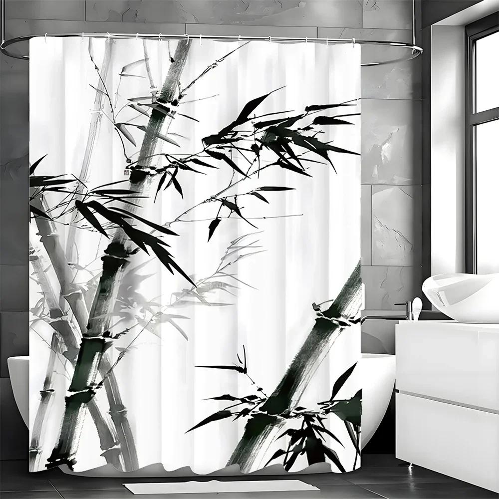Baifenbai Home Furnishing Black/White Elegant Bamboo Art Shower Curtain For A Zen Bathroom, Featuring Traditional And Ink Painting. This Minimalist