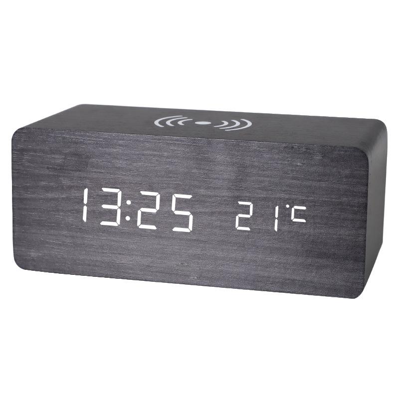 Alarm clock wooden clock led digital multi-function alarm clock wireless charging wooden children's bedside temperature pvc