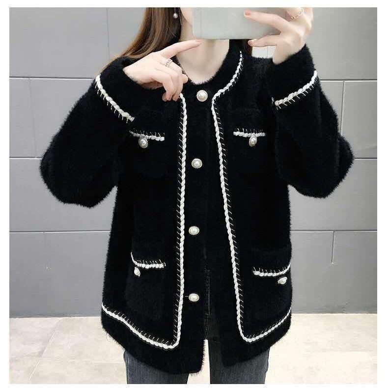 

Женский кардиган из искусственной норки, свитер, осень-зима, свободный кардиган, трикотажная куртка больших размеров, плюшевое утолщенное трикотажное пальто, топ 2XL чёрный