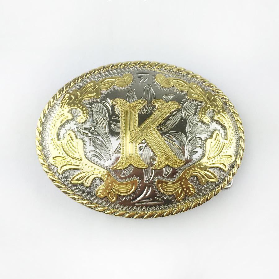 S-Style White Gold Inlay Leather Belt Buckle with English Letters Pattern