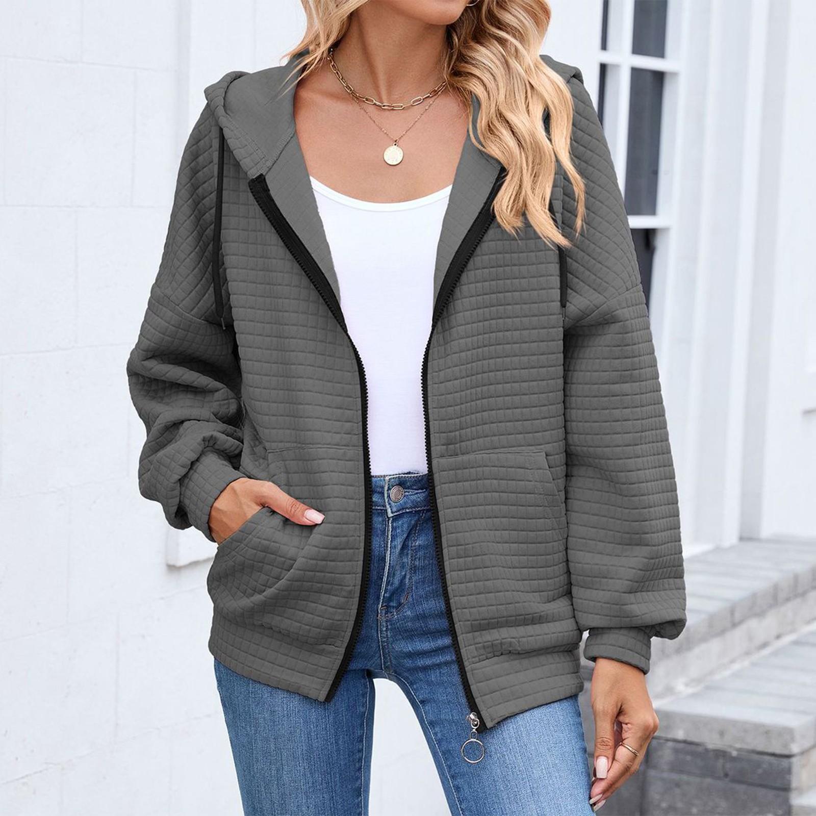 

Женская модная однотонная толстовка на молнии с длинным рукавом, капюшоном и карманом XL