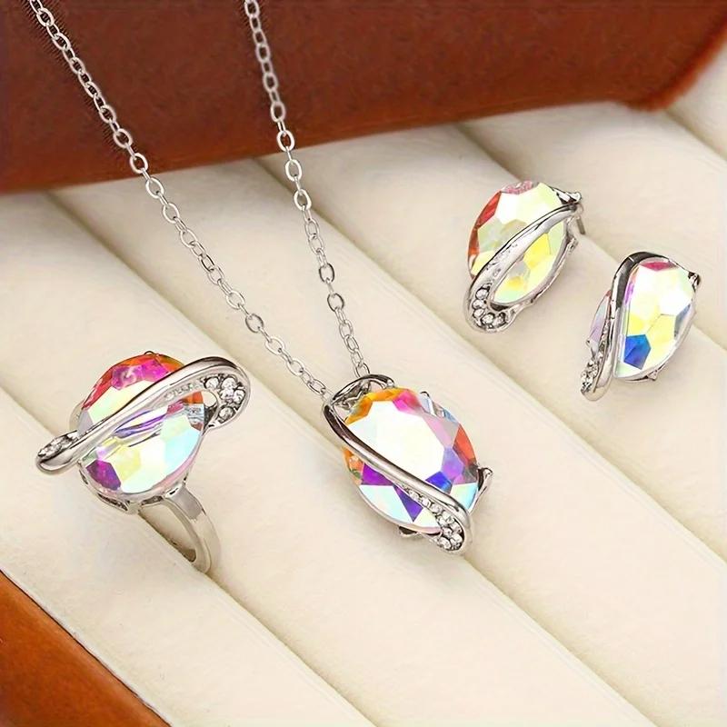 3 Stück Bunte Zirkon Anhänger Ringe Ohrringe Halsketten Set Modische Hochzeit Zirkon Geschenke für Frauen