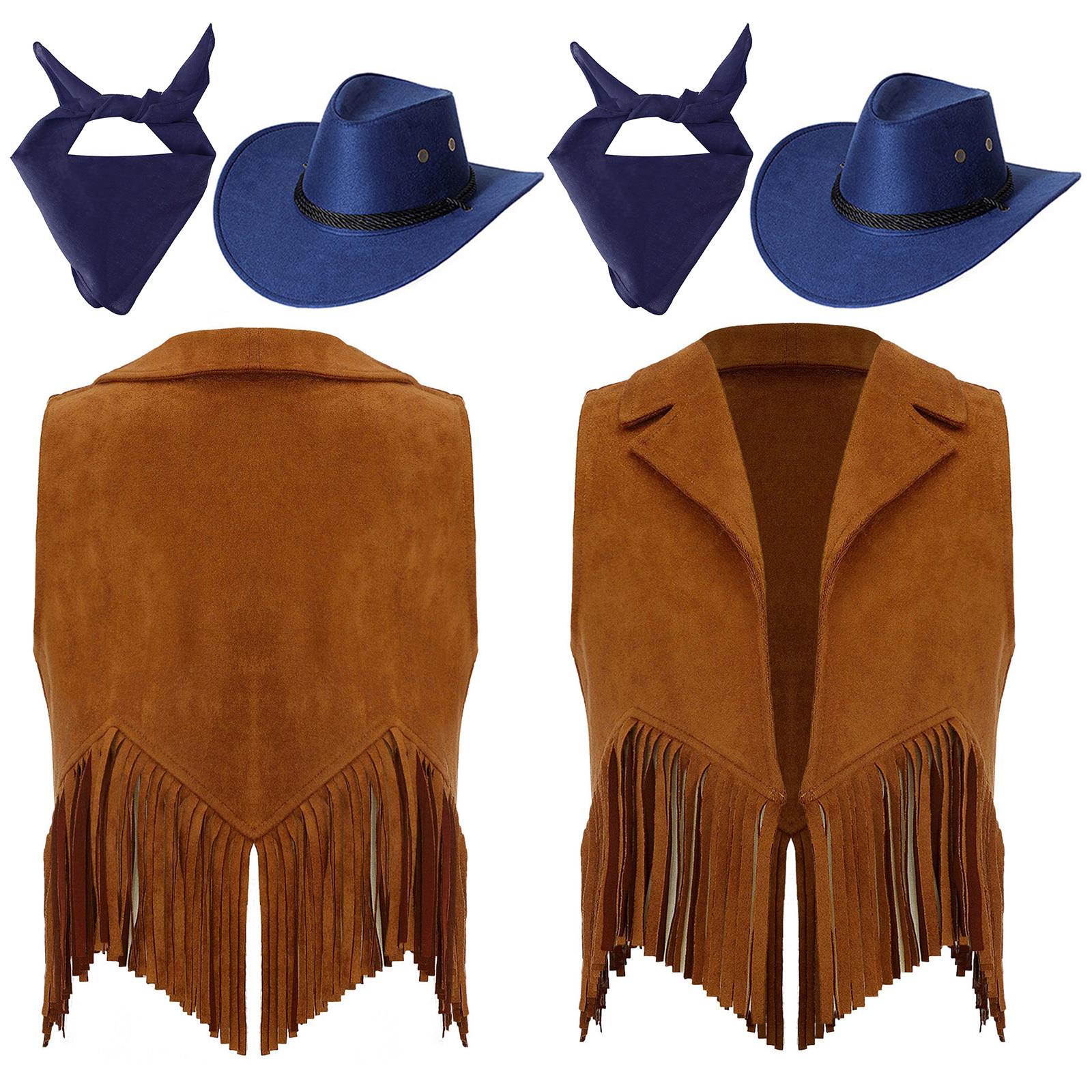 

Дитячий жилет ковбойки замшевий з бахромою та китицями Західний костюмний набір з банданою та капелюхом для Хелловіну, родео, рольових ігор 7-8 Years синій/коричневий