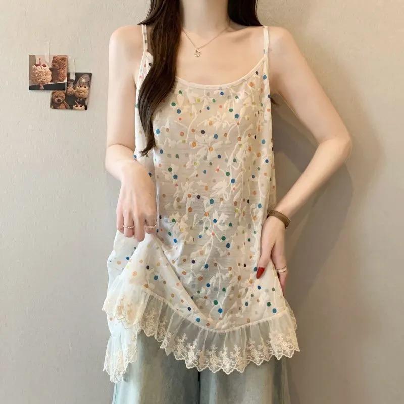 Women s Minimalist Aesthetic Polka Dot Lace Trim Everyday Camisole M