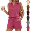 Women Sleeveless Two Piece Set V Neck Top with Collar and Drawstring Waist Shorts Casual Lounge Wear Summer Outfit