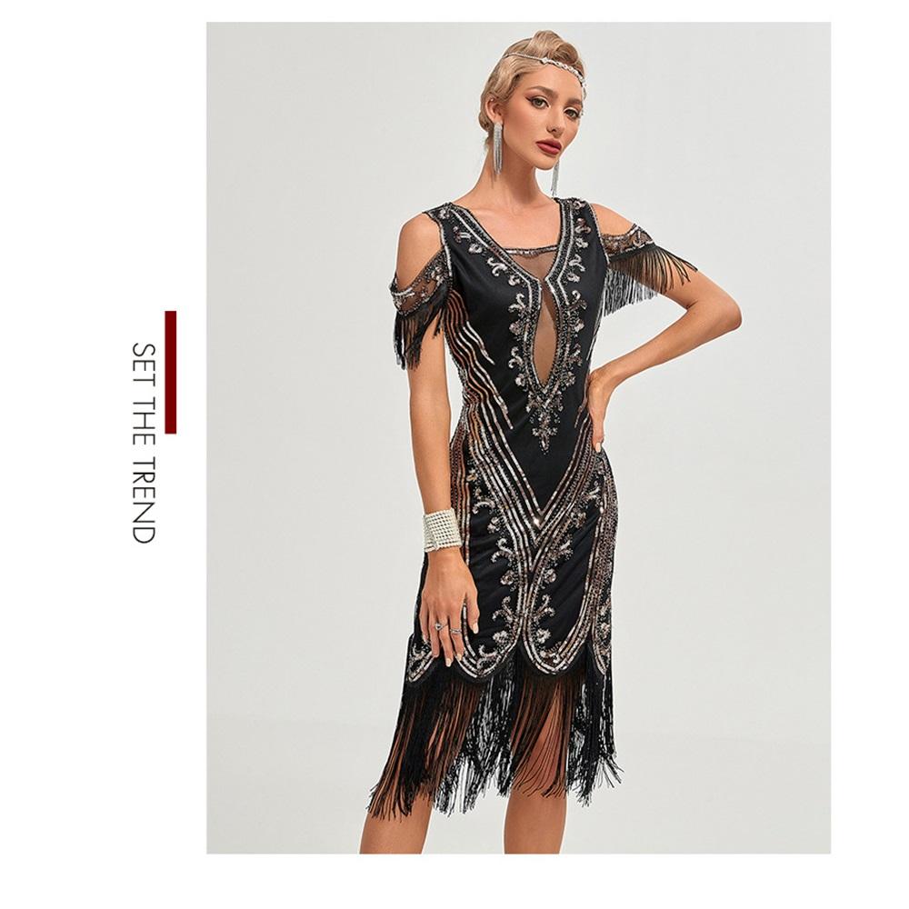 1920S Retro Dance Party Embroidered Tassel Dress Cocktail Party Plus Size Sequins Mesh Dress