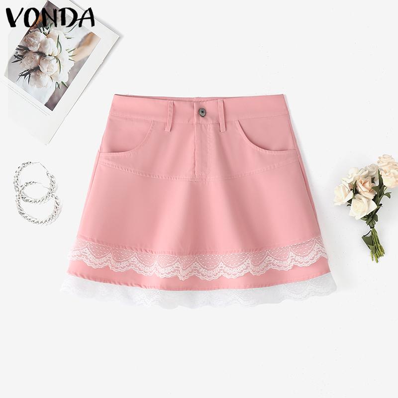 VONDA Summer Women Button Zip-up Waist Lace Patchwork Ruffled Casual Mini Skirts