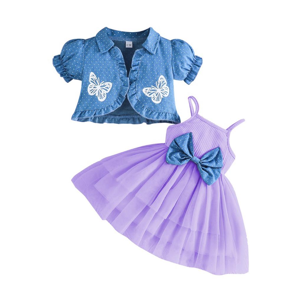 Toddler Girl Summer Outfits Tulle Spaghetti Strap Bow A Line Dress with Dot Butterfly Print Short Puff Sleeve Cardigan