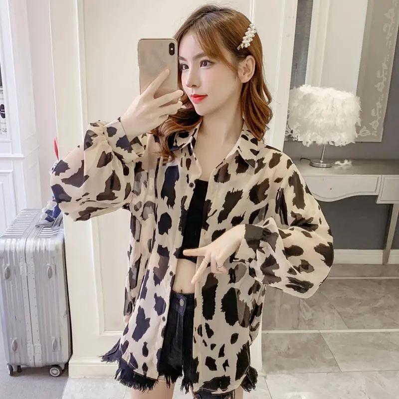 Womens Large Shirt Summer Sunscreen Chiffon Shirt Cardigan Thin Top With Coat Korean Leopard Shirt