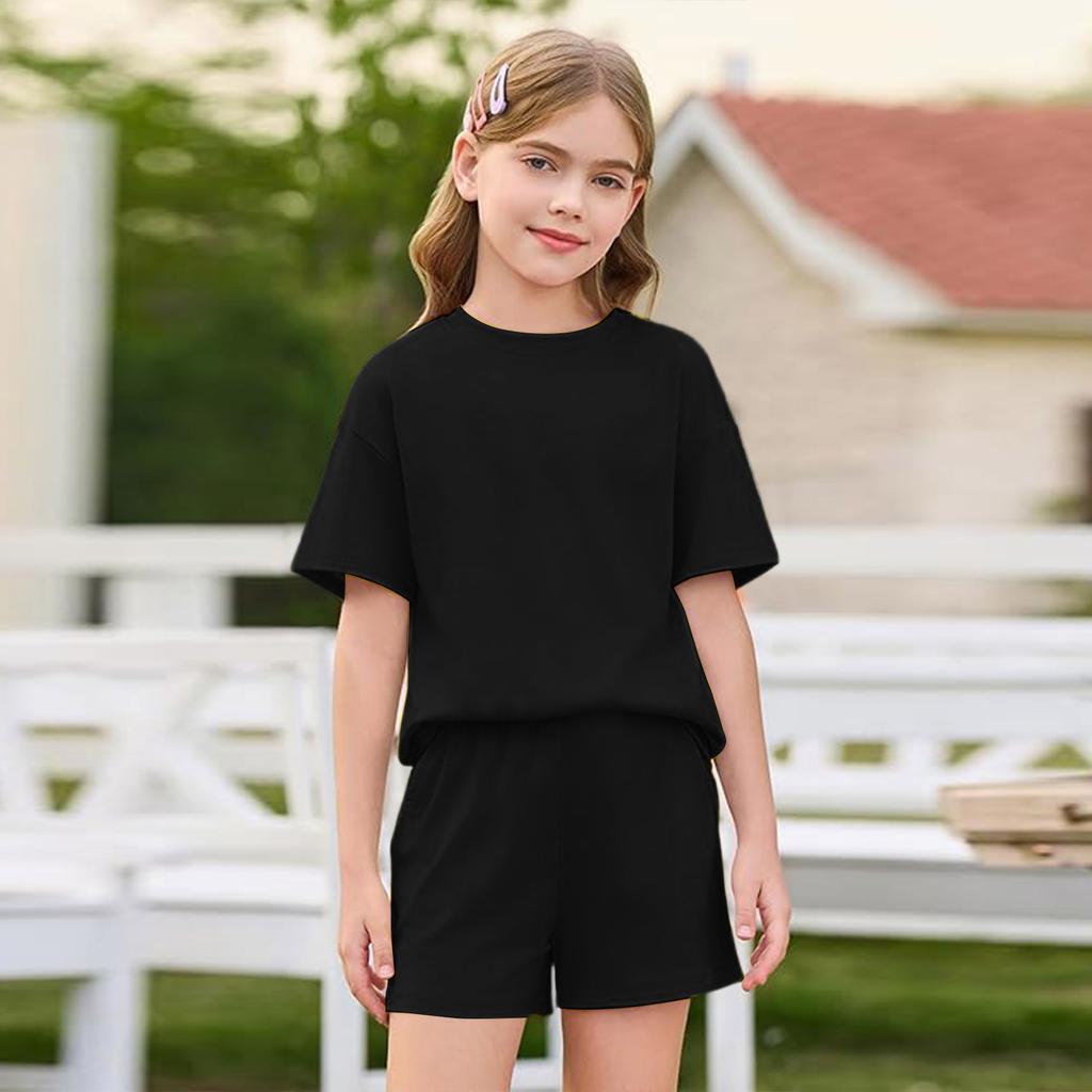 Girls Short Sleeve T Shirt and Shorts Set Soft Fabric Round Neck Relaxed Fit Casual Outfit for Kids and Teens