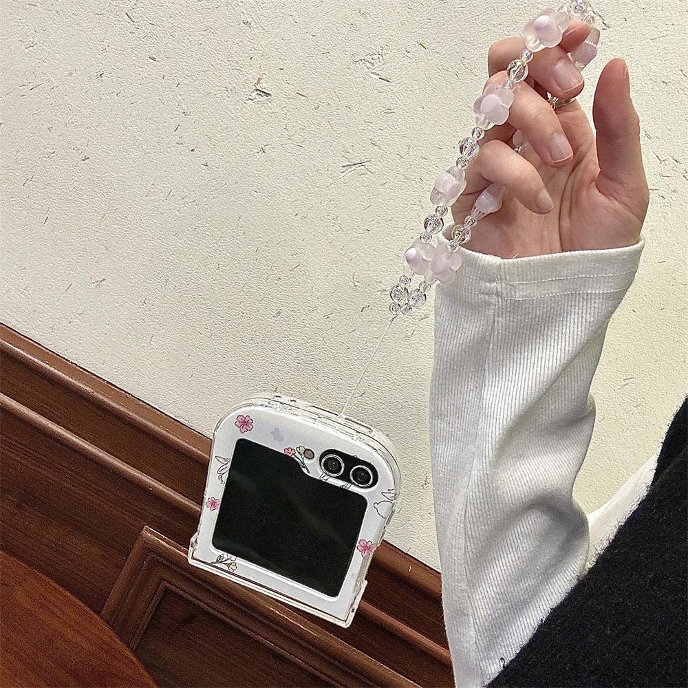 for Samsung Flip6 Cute Cartoon Rabbit Flower Wrist Chain Case for Samsung Galaxy Z Flip 6 5 4 3 Zflip Bracelet Ins Korean Cover
