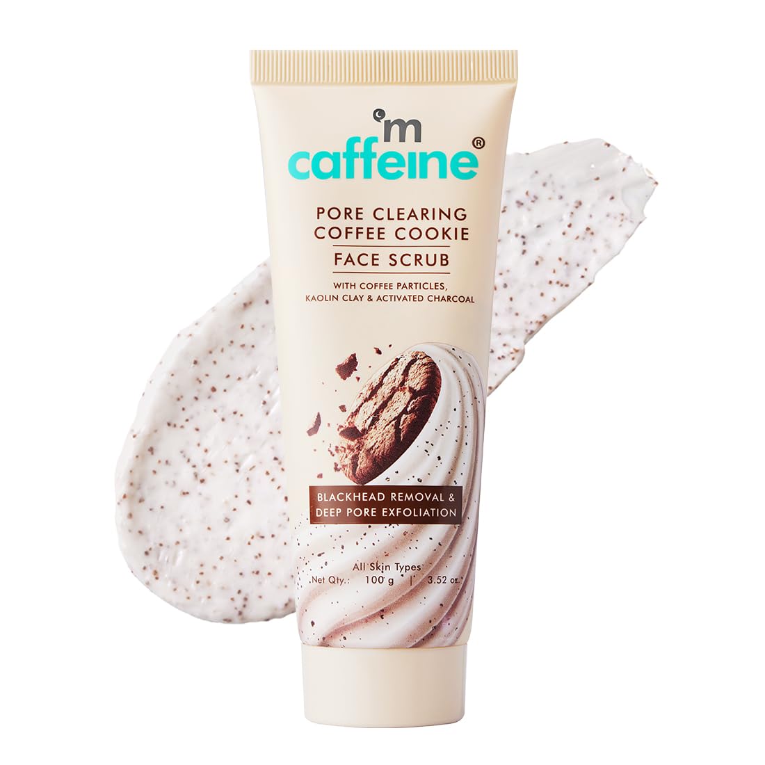 

mCaffeine Очищающий кофейно-печеньковый скраб для лица с 4,5% эксфолиантов, грецким орехом, углем и глиной для гладкой, чистой кожи. Для женщин и мужчин. 100 г