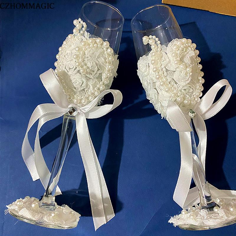 1 Pair Wedding Champagne Glasses Bride And Groom Champagne Flutes Premium Lace Decor Wine Goblet For Bar Pub Club Restaurant And Home Use Drinkware Fo