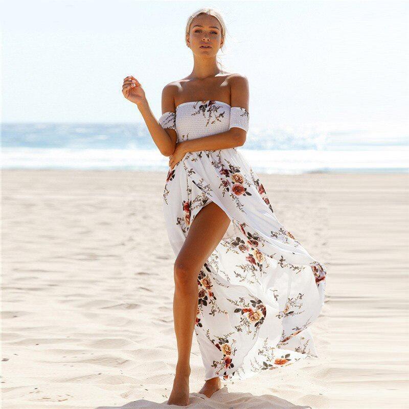 Long Maxi Women Off Shoulder Beach Summer Dresses Floral Print Chiffon