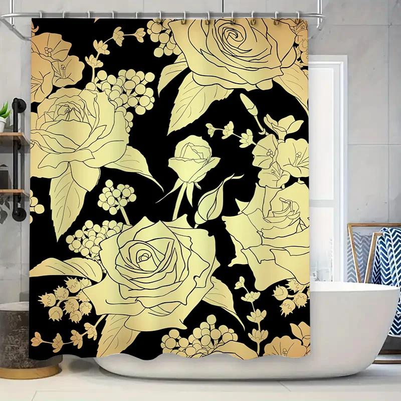 

Luxury Golden Floral Shower Curtain Black Background Bathroom Decor For Modern Home Improvement Shabby Chic Bath Curtains With R W60H190(CM)-1 Pcs