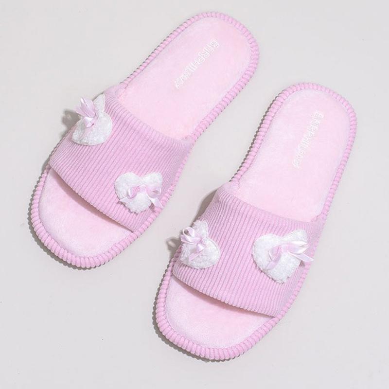 Fashion Sweet Pink Bow Decorate Home Slippers Women Fashion Plush Heart Design Brand Bedroom Slipper Cozy Non-slip Winter Cotton Slipper