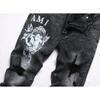 Schmale Stretch Schwarze Used Look Tägliche Bedruckte Graffiti Trendige Jugend Denim Jeans 3389