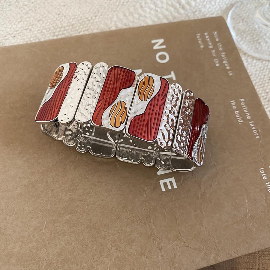 Women Stylish Bangles Two Tone Enamel Printed Spliced Square Geometric Chunky Gold Silver Metal Elastic Popular Bracelets