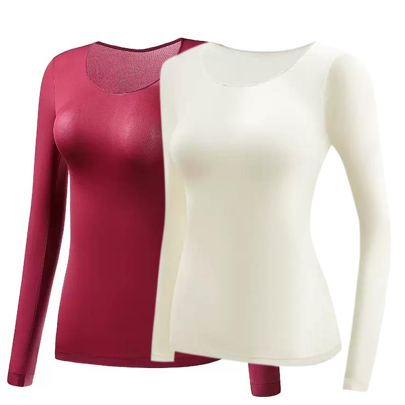 2 Stück Damen Thermounterwäsche Herbst Winter Unterhemd Langarm-T-Shirt Dünnes Oberteil Zweite Haut Damen Thermisch L-XL