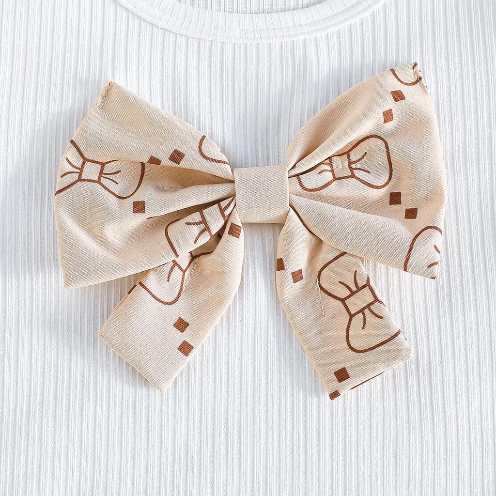 2PCS Baby Girl Puff Sleeve Ribbed Top & Bow Print Pleated Skirt Set, Cute Daily Outfit
