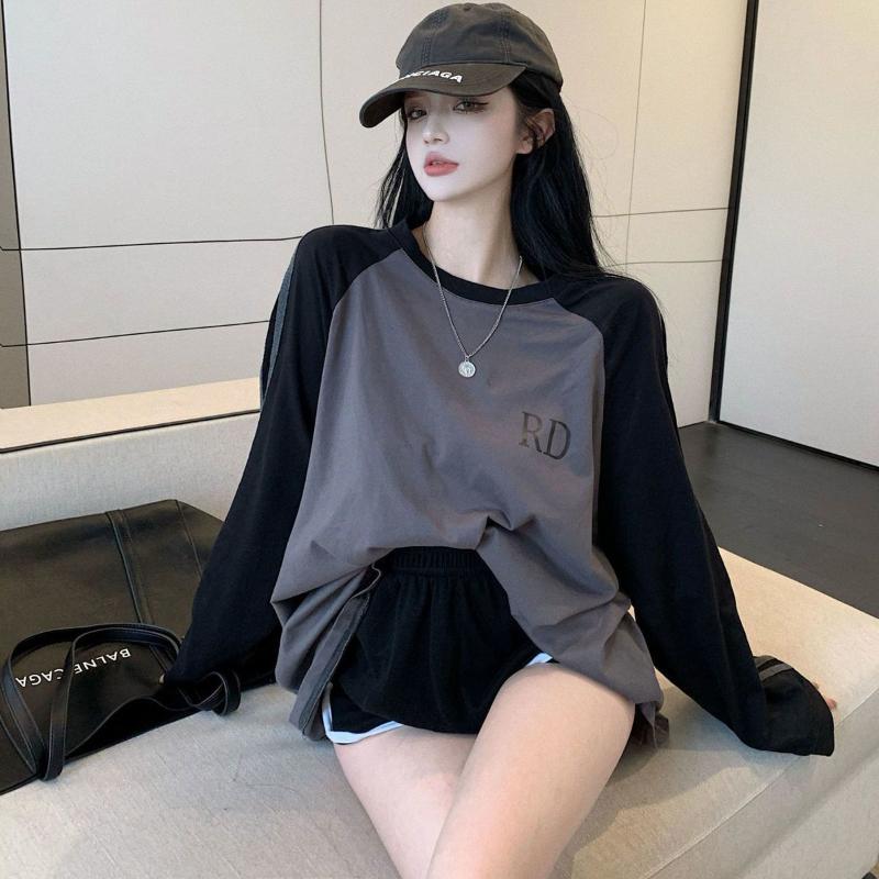 

Весенне-осенняя новая корейская студенческая футболка женская с длинным рукавом средней длины свободная большая женская одежда топ M серый