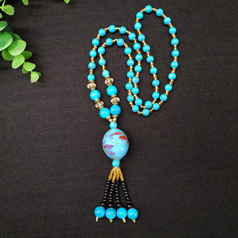 Ethnic Ceramic Sweater Necklace with Turquoise Polished