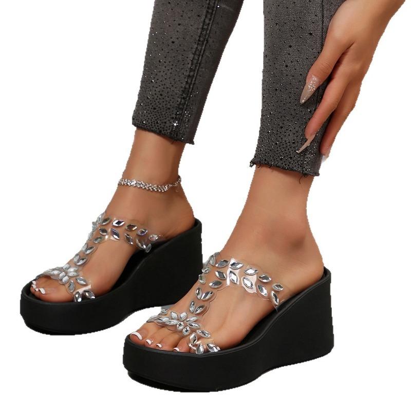 New thick-soled high-heeled rhinestone transparent one-word cool slippers women's slope heel beach slippers