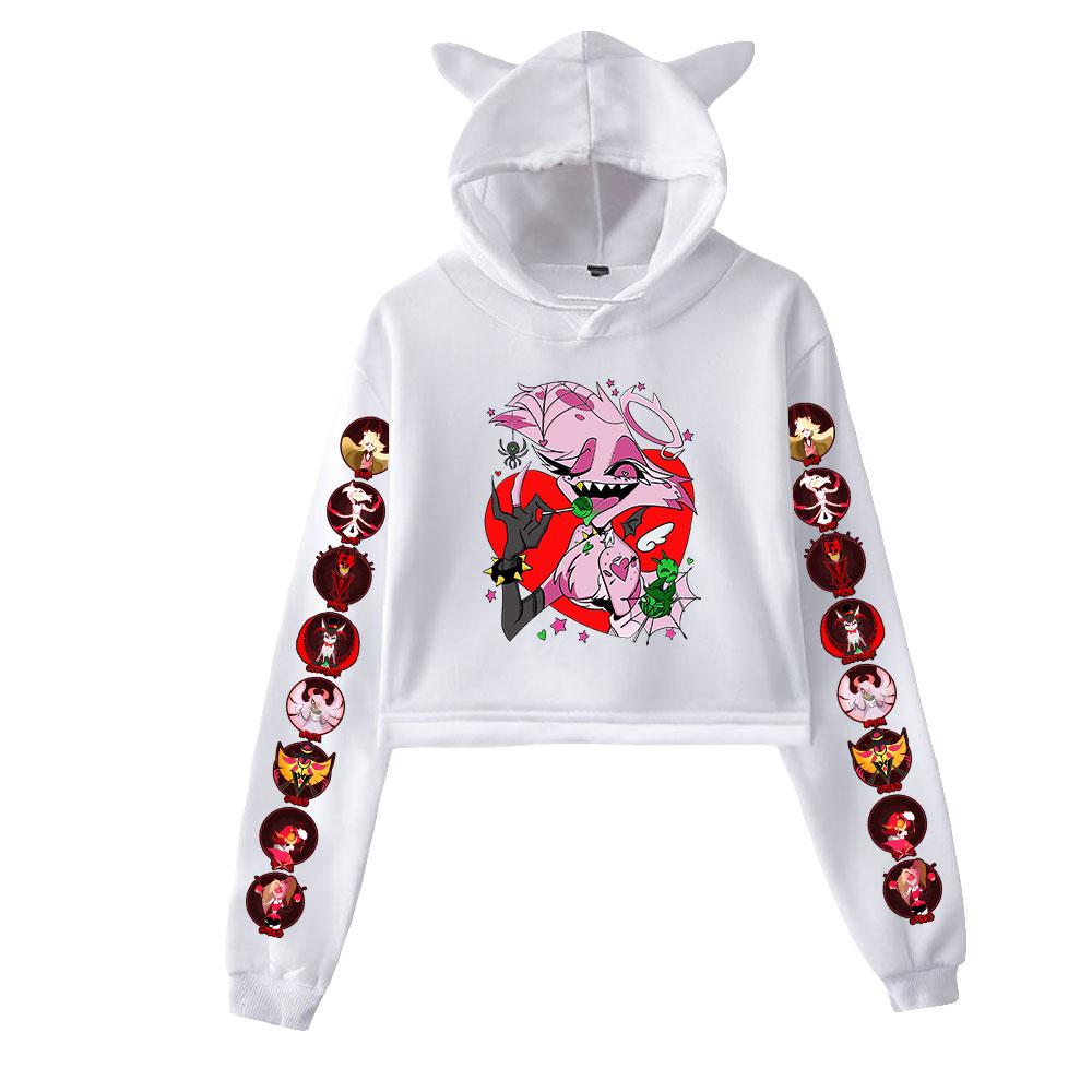Women Crop Top Hoodie Casual Long Sleeve Hazbin Hotel Cartoon Print Hooded Short Sweatshirt Sexy Crop Sweaters