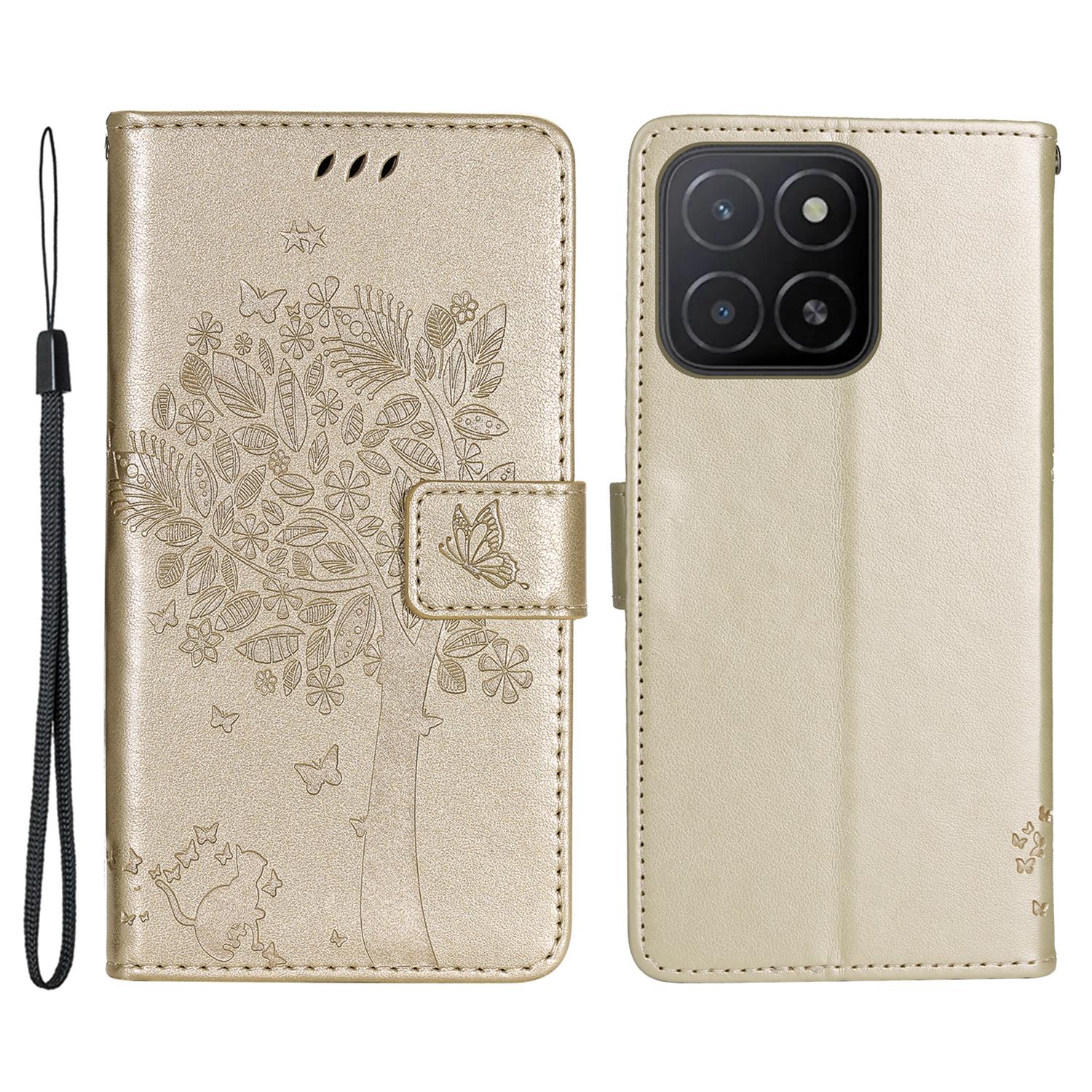 

For Honor X5b/X5b Plus Phone Case with Stand Cat Tree Pattern Leather Wallet Mobile Cover B