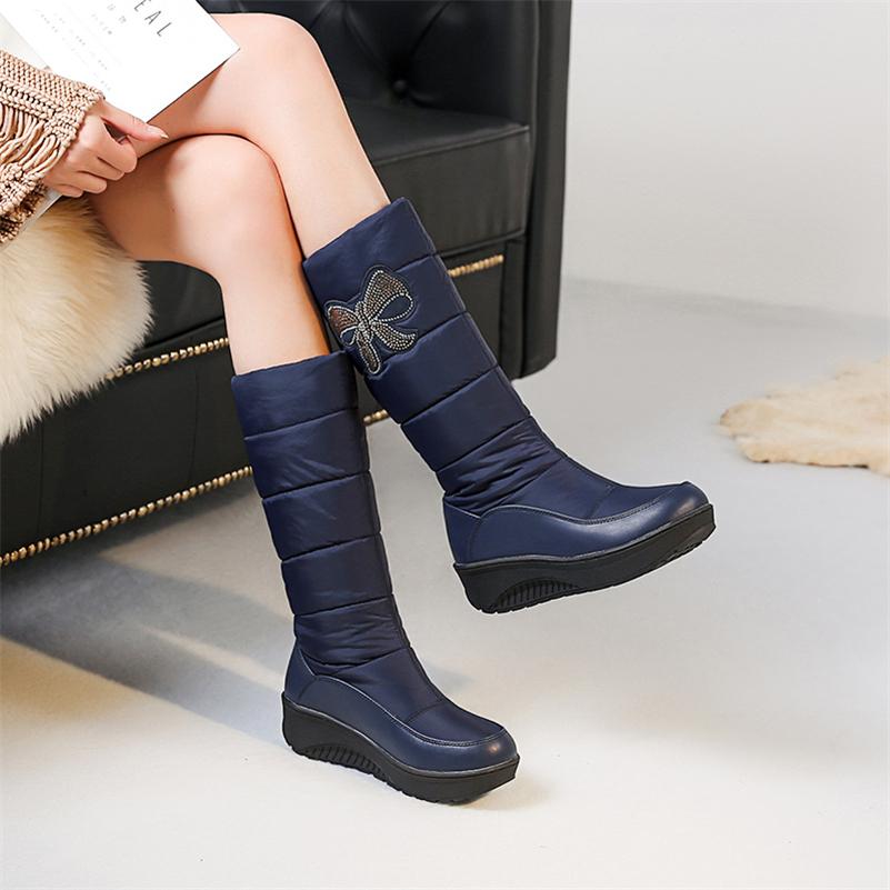 Women Mid Calf Boots Round Toe Flat Platform Mid Heels Crystal Platform Fur Bow Ladies Fashion Shoes Winter Black 44