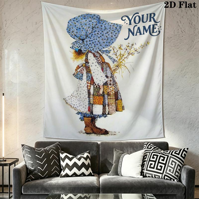 Custom Name Holly Hobbie Wall Tapestry Aesthetic Wall Hanging Printed Fabric Blanket Decorative Tapestries for Bedroom Living Room Home Decor