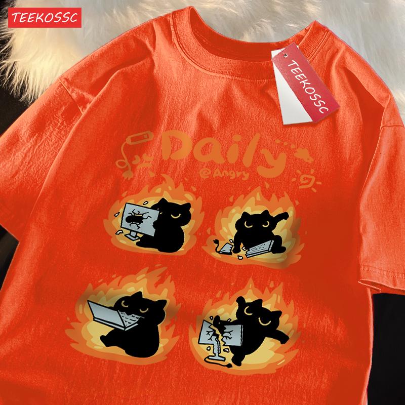 

Daily Angery Black Cat Cotton Women TShirts Cartoons Prints Tee Shirts Loose ONeck Soft Comfortable Tops Summer Woman Clothes 4XL