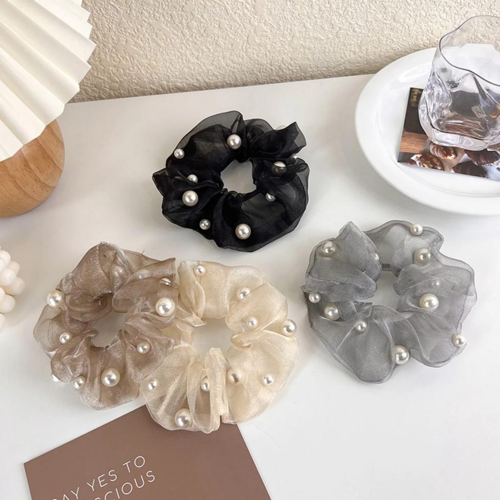 1PC Elegant Organza Scrunchies with Pearls, Women's Stylish Hair Accessories, Must - Have Hair Grips Hair Tie