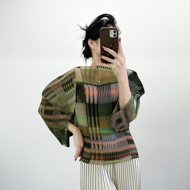Miyake Pleats Akordeonový Top - Retro Color Block 7-rukávový Ležérní Krycí