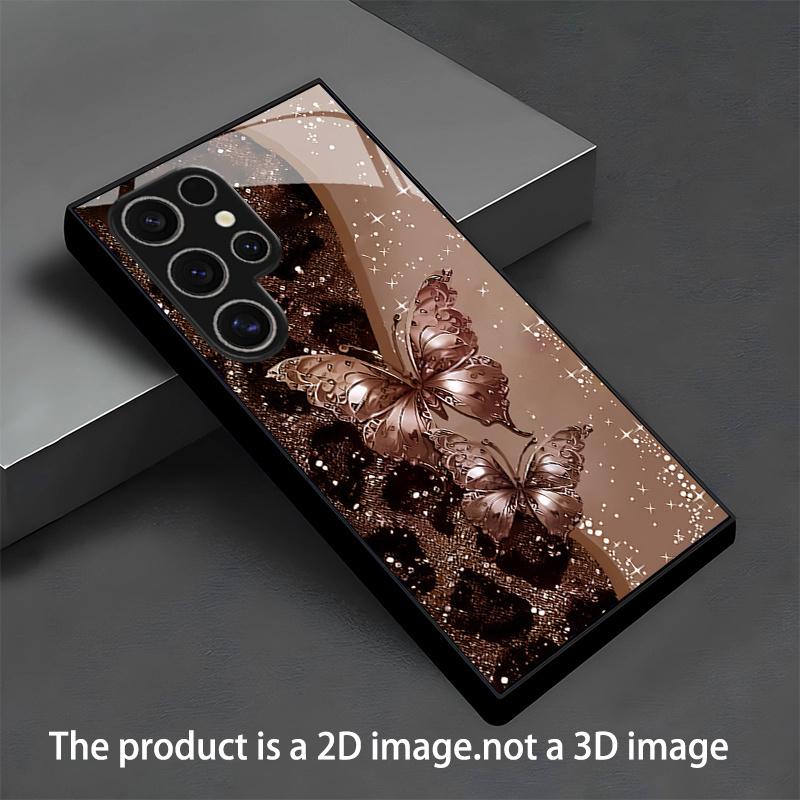Brown butterfly leopard print glass phone case suitable for Samsung Galaxy S26 S25 S24 S23 S22 S21 S20 FE/Ultra/Plus dustproof