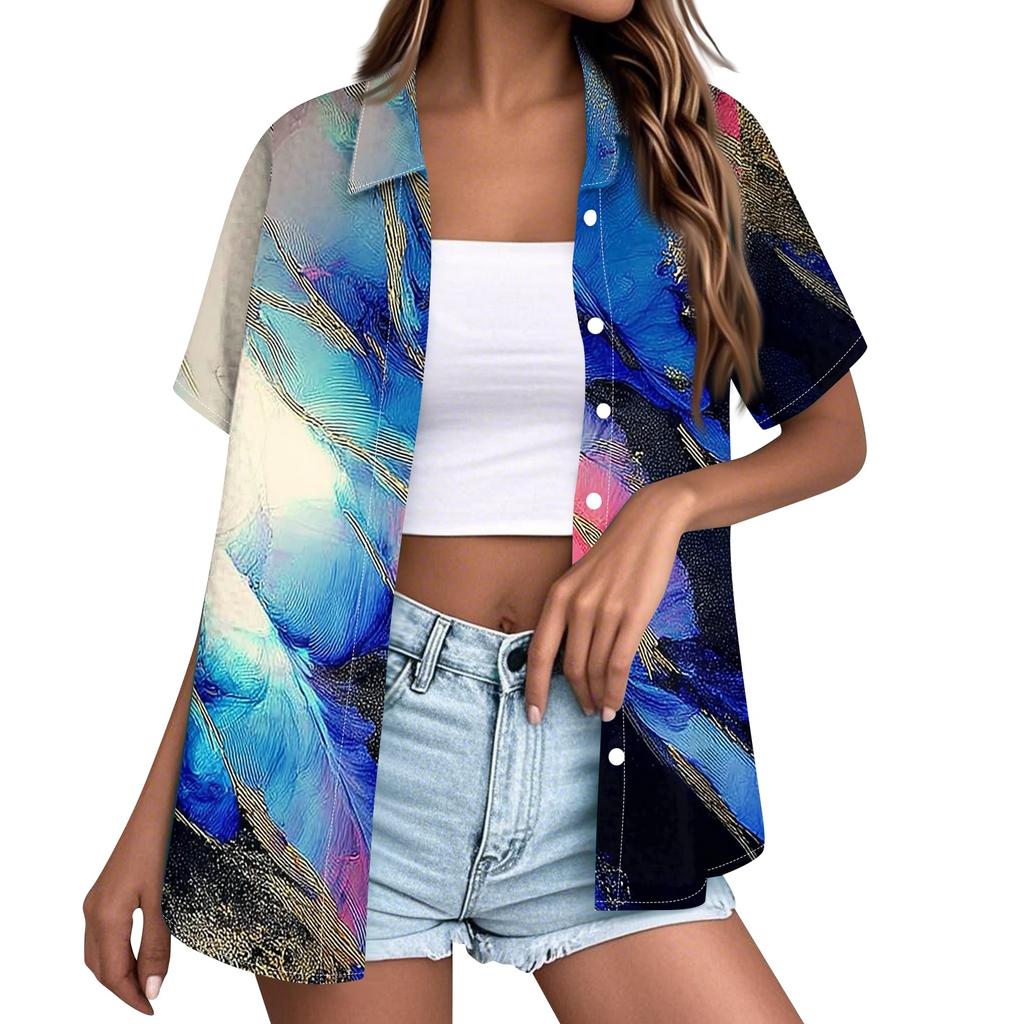 Women’s Casual Short Sleeve Button Down Shirt Summer Lightweight Beach Texture Print Relaxed Fit Top for Outdoor Activities