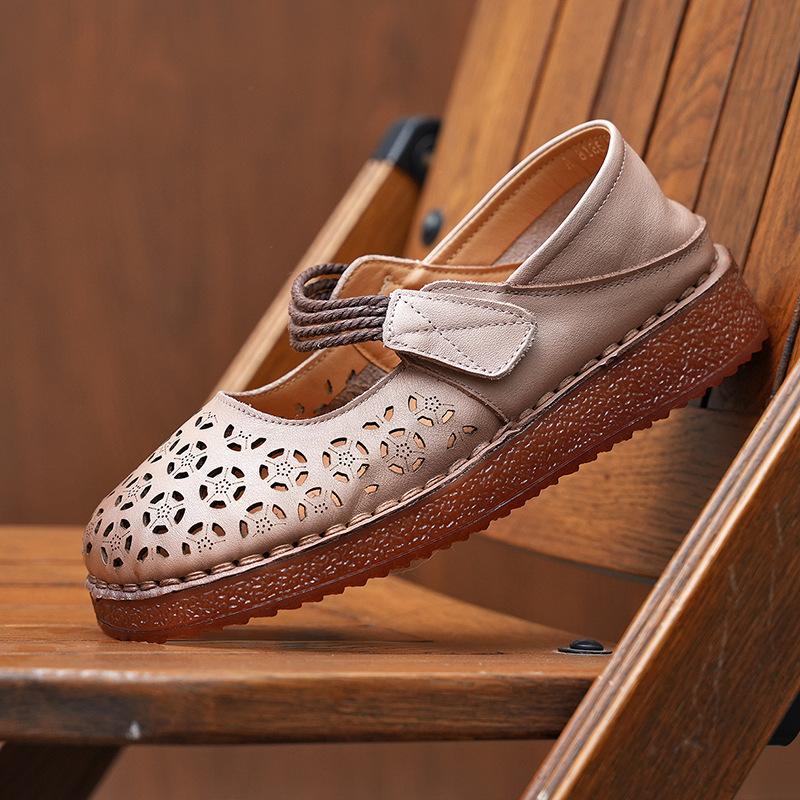 Johnature Damesko Flate Sko Retro Rund Tå Ekte Skinn Utstanset Pustende Myksålede Sandaler