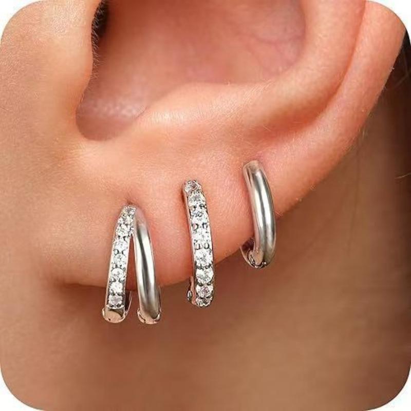 3pcs Fashion 14K Gold Plated Round Earrings for Women Simple Crystal Zircon Double Ring Punk Earring Cartilage Piercing Zircon
