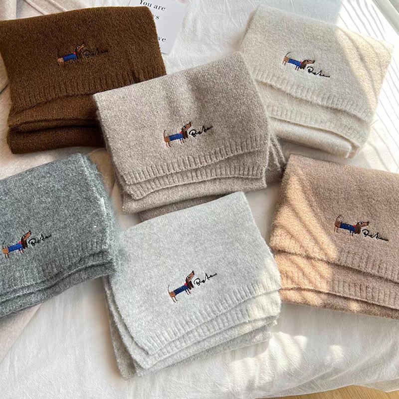 Korean Style Thickened Winter Puppy Embroidery Scarf - Warm, Versatile, Windproof Shawl for Women